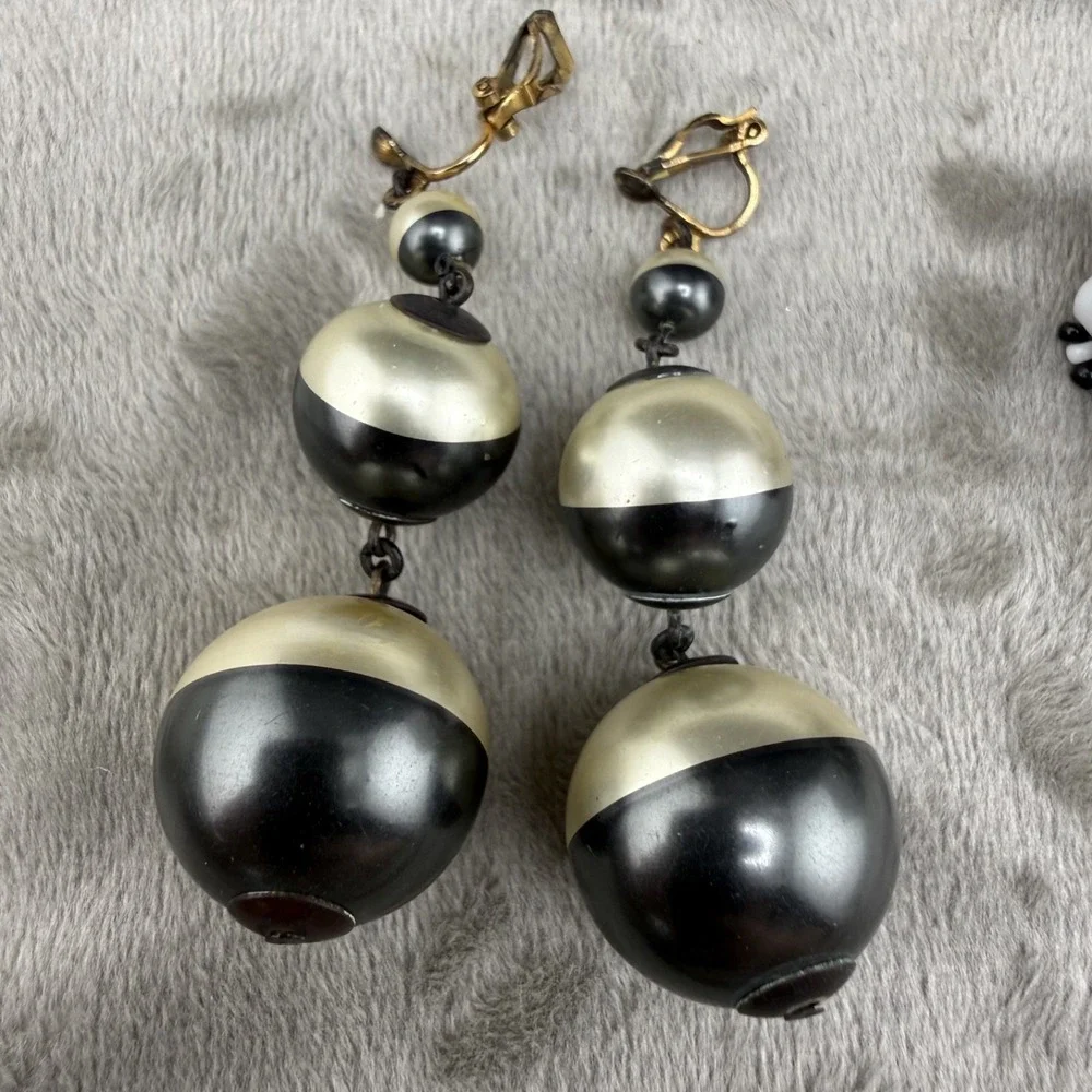Vintage Estate Clip On Earrings Lot Black White Retro Beaded Dangle 3 Pairs